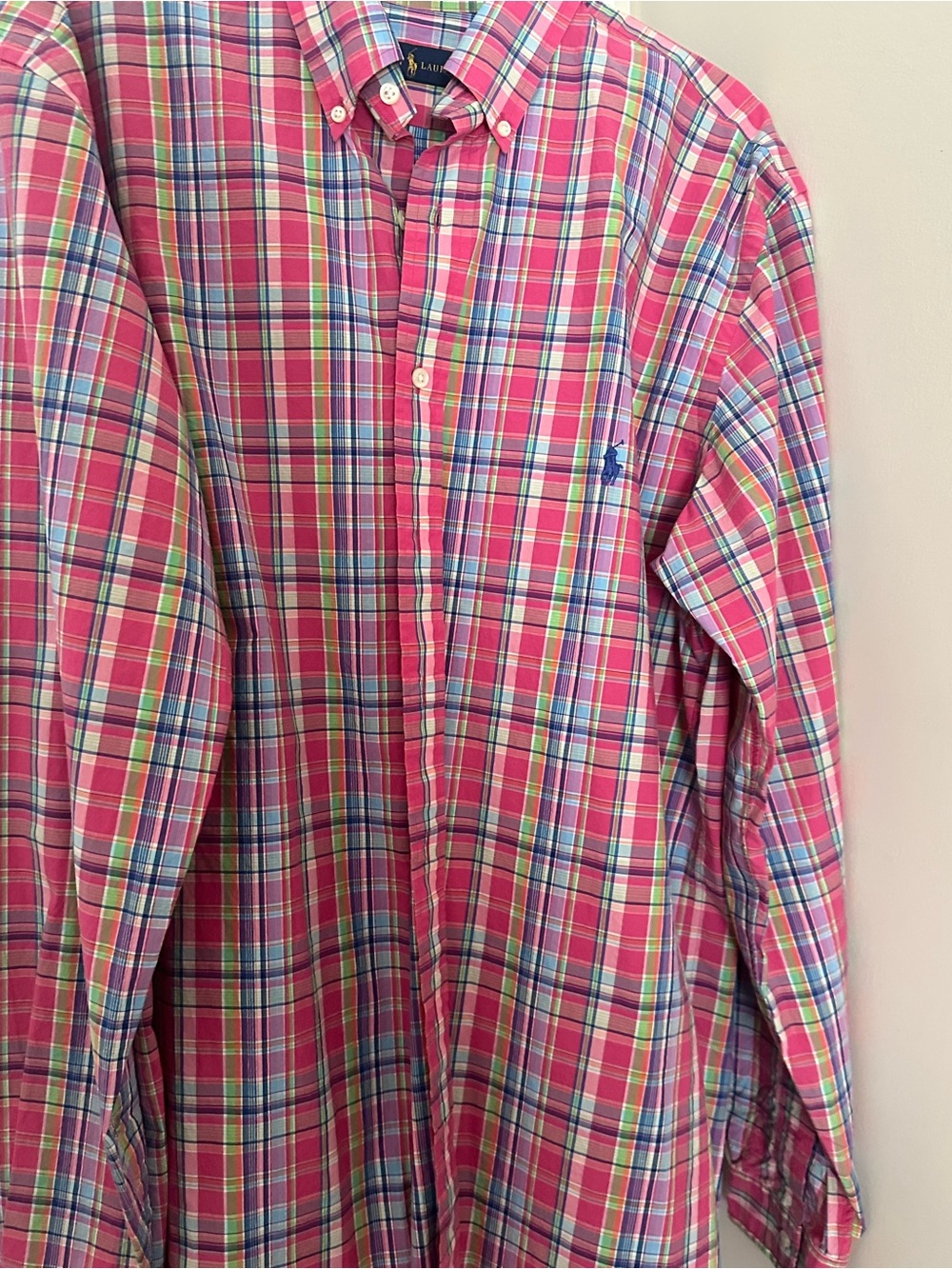 Ralph Lauren Pink Plaid Button-Down Shirt with Blue Logo
